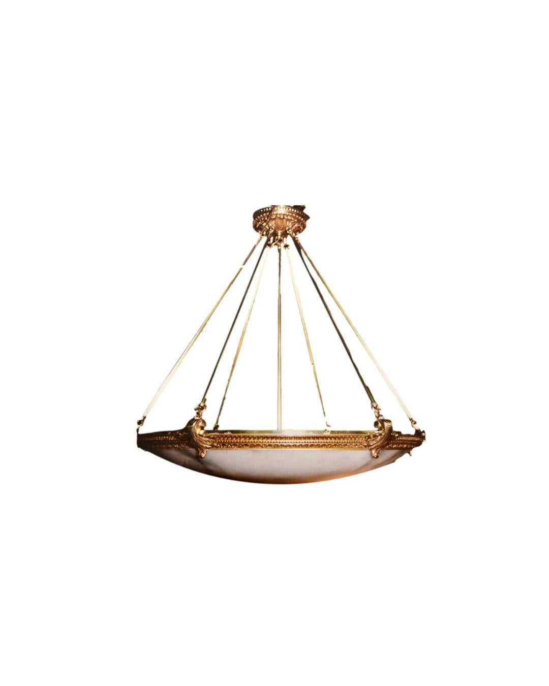 French Empire Style Imported Alabaster And Brass Chandelier With Ornate Rim And Canopy