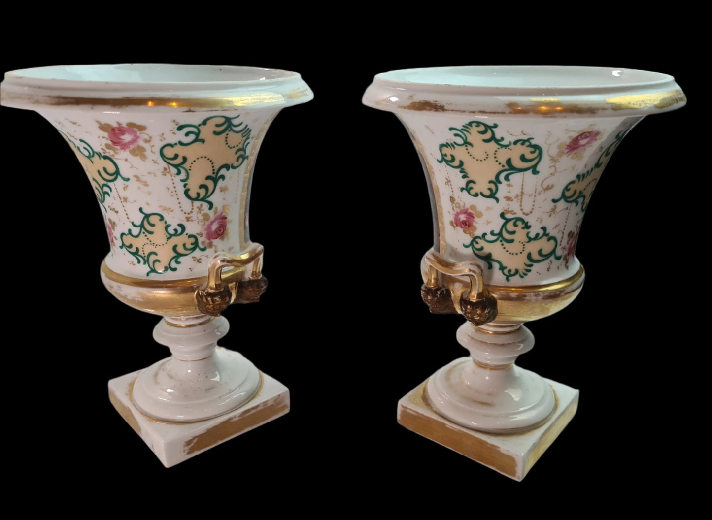 Lovely Pair of Antique Old Paris (Vieux Paris) Gilted Urns early 19th c.
