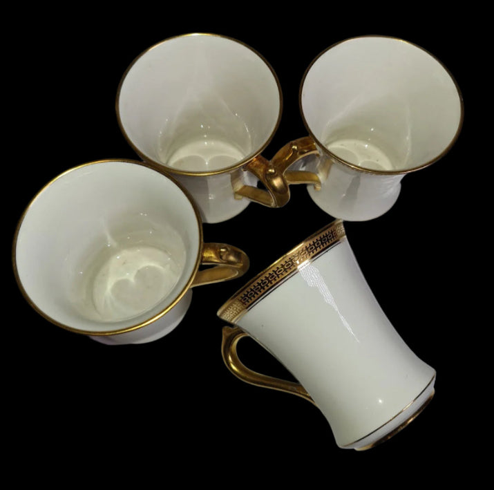 Elegant GDA France - CH Field Haviland Limoges Four Demitasse Cups and Saucers with Gold Trim, c. 1990