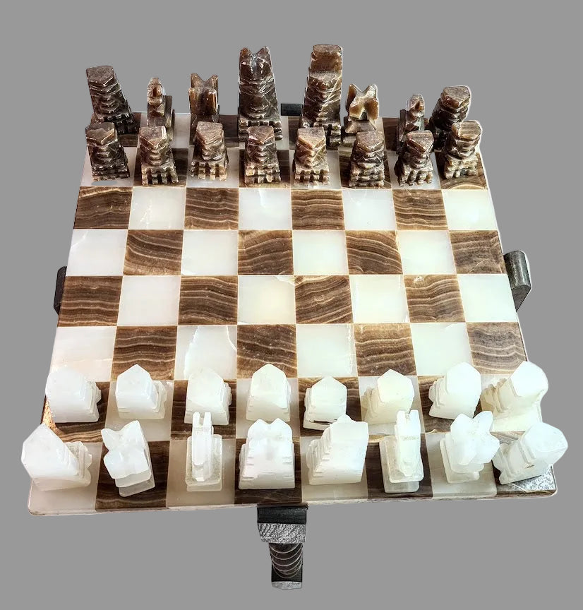 1980s Rare and Distinct Handcrafted Onyx and Marble Chess Set on Jacobean Style Wooden Frame