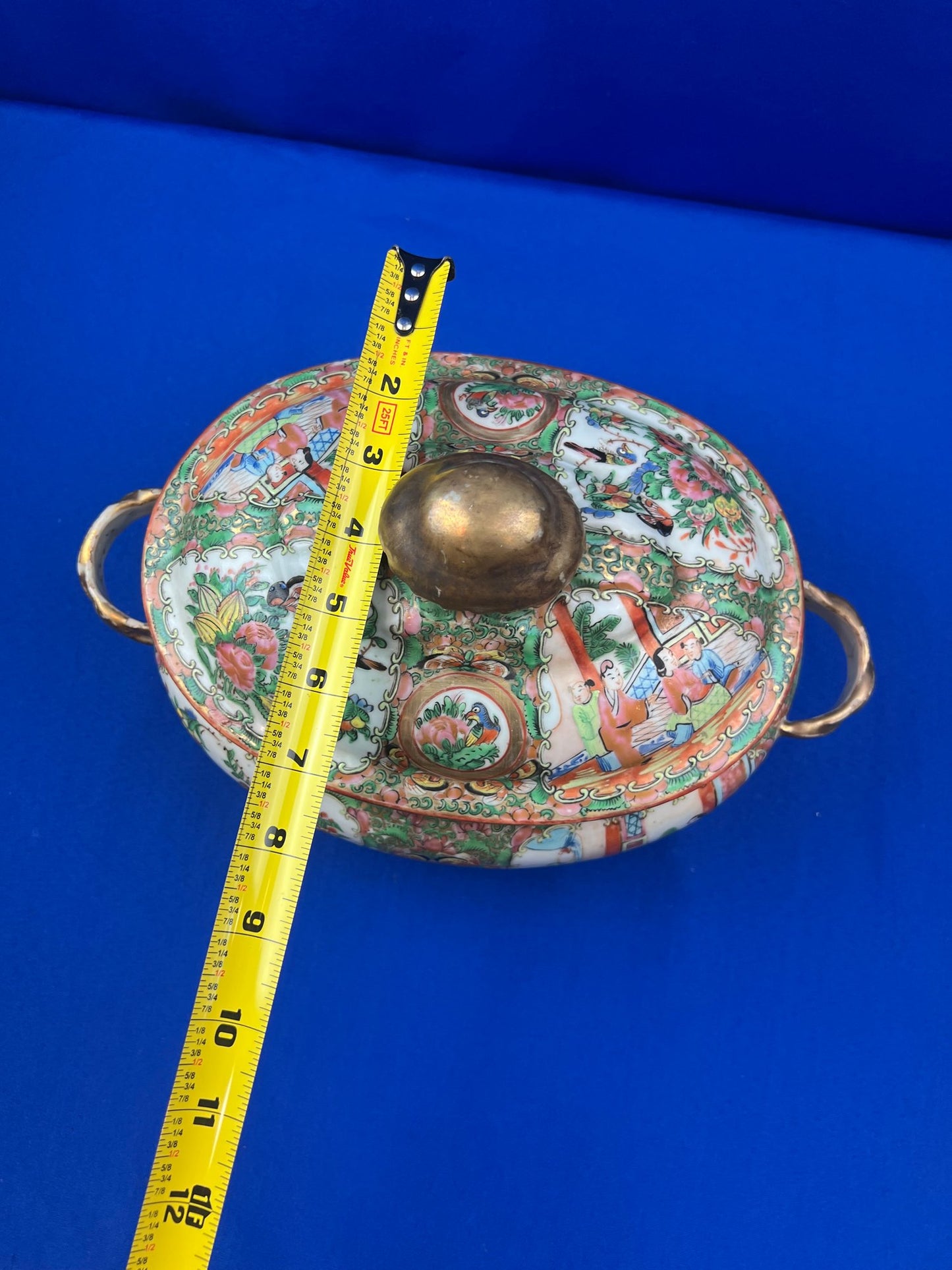 Antique Rare Rose Medallion Covered Tureen - Mushroom Top Finial & Woven Handles - Gilt Detailing