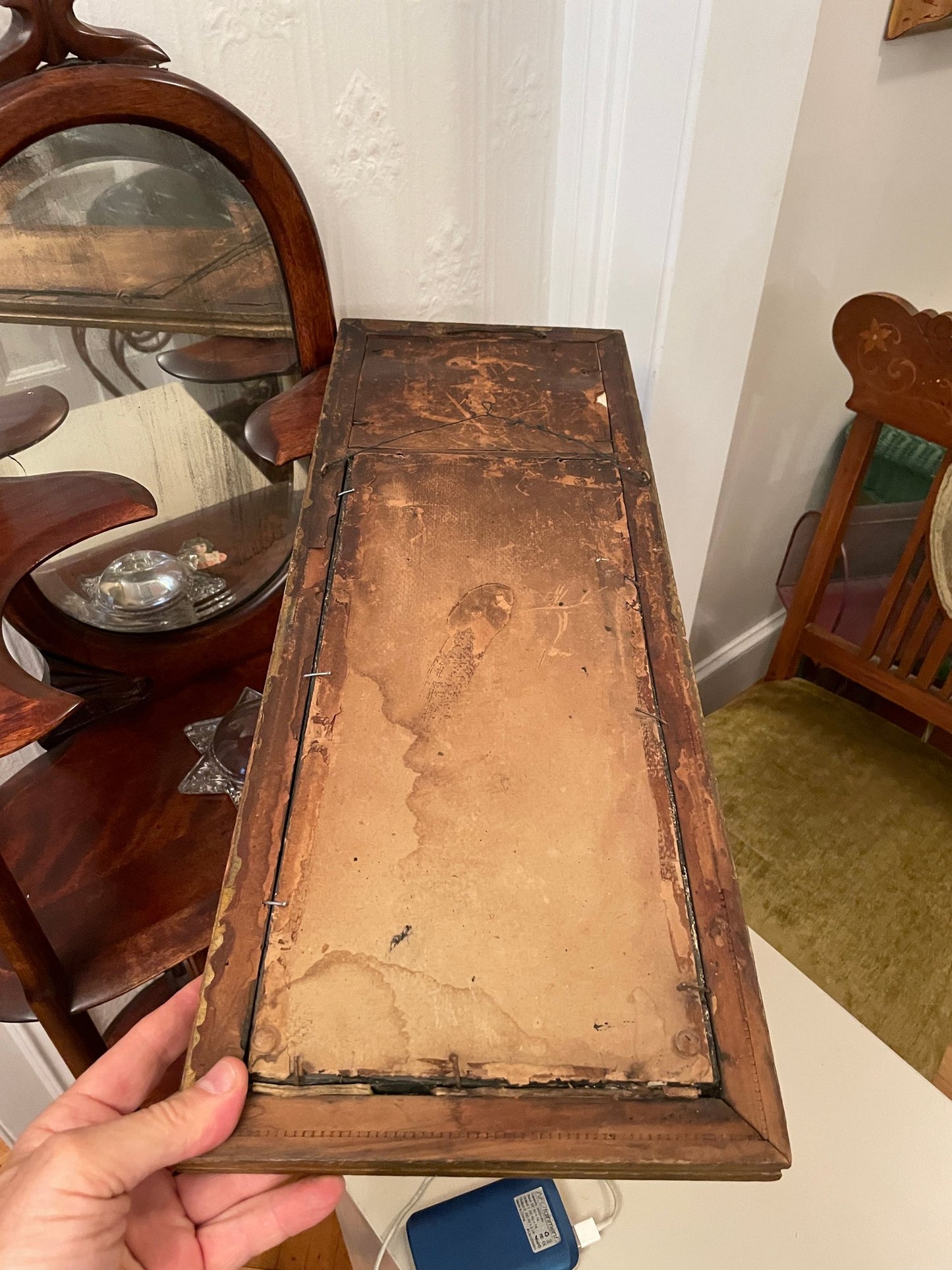Antique Decorative Mirror With Hand Painted Top Panel.