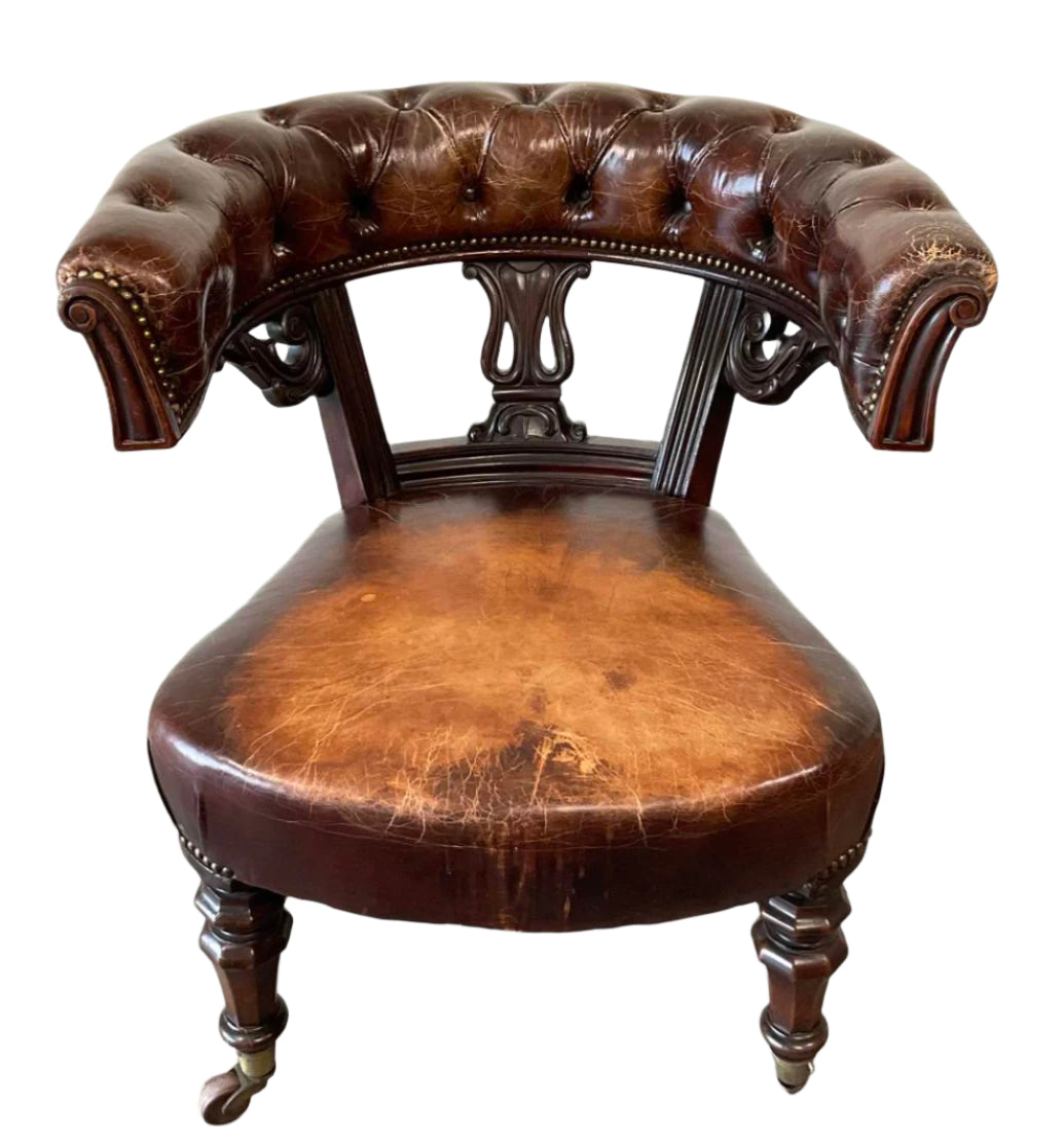 Antique Victorian Leather & Mahogany Library Chair