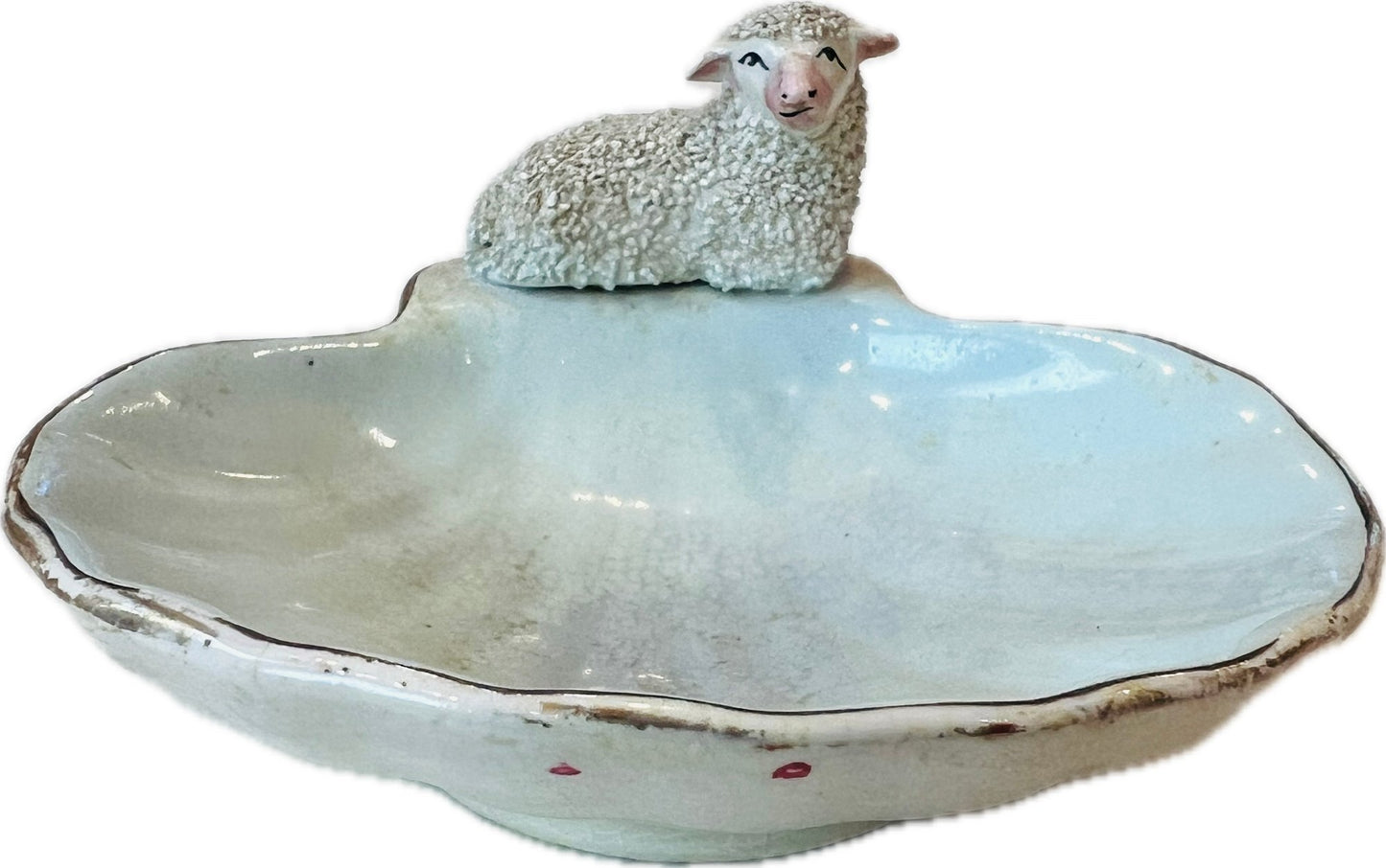 Antique Staffordshire Porcelain Trinket Dish Lamb Staffordshire Figure On Shell Form