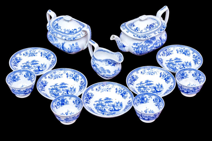 Beautiful Antique Twelve Piece English Continental Blue And White China Tea Service