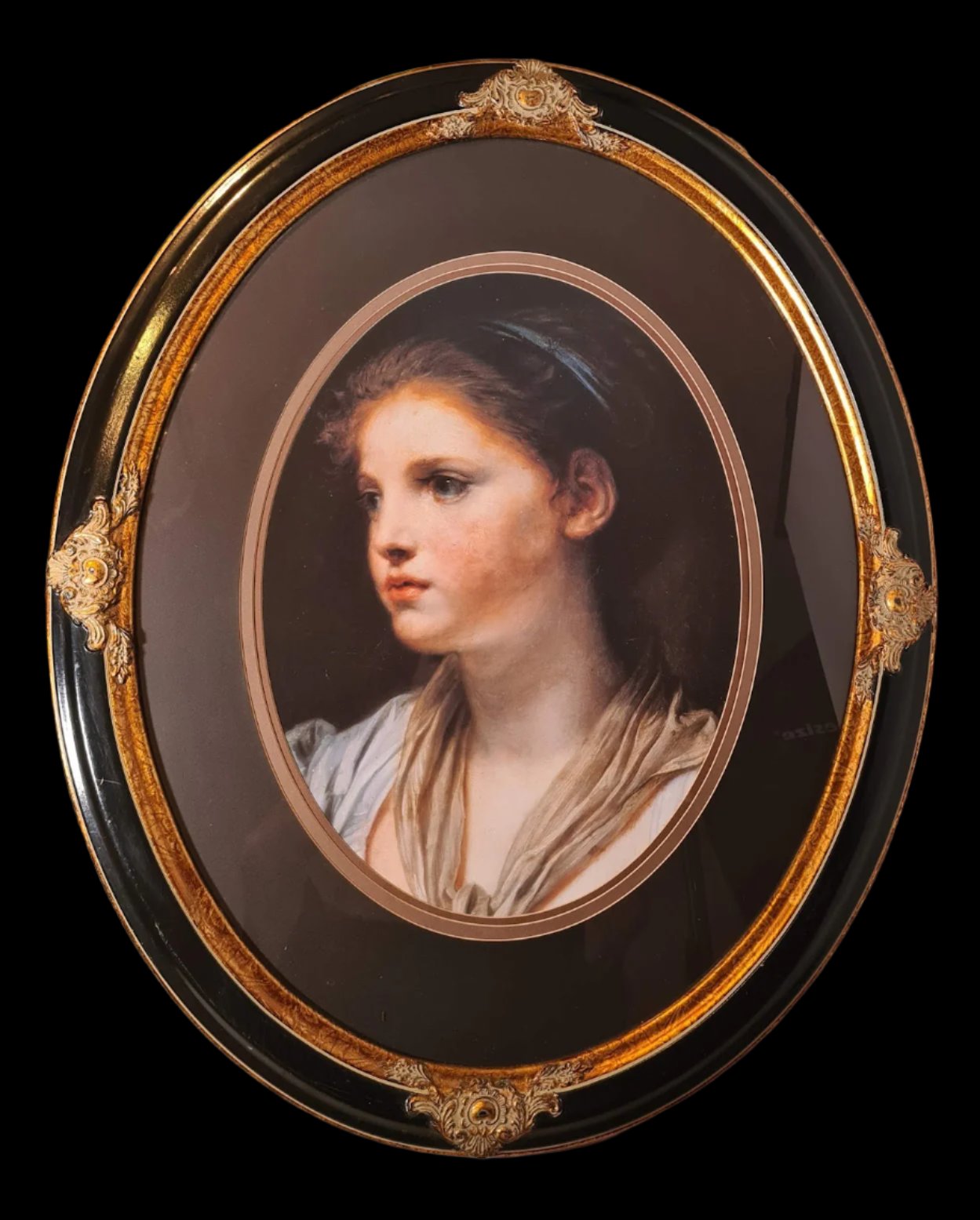 Beautiful Portrait of a Girl With Blue Ribbon (print) from painting by Jean Baptiste Greuze (1725-1805) 18th century