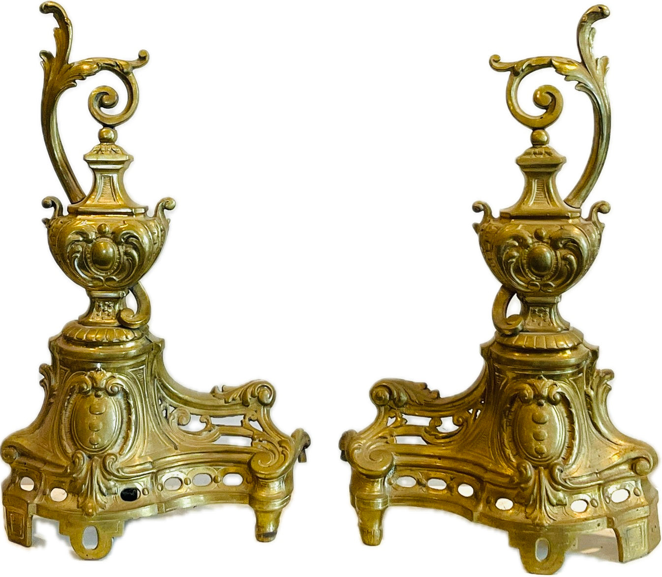 Brass Fireplace Andirons With French Ewer Style Finial Design