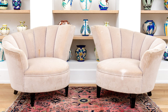 Fabulous Pair of Curved Channel Back Accent Chairs in Glamorous Art Deco flare