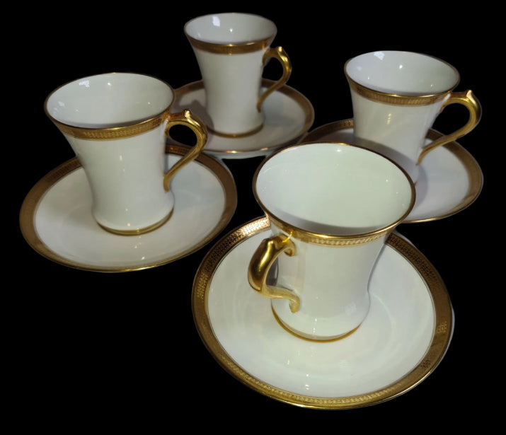Elegant GDA France - CH Field Haviland Limoges Four Demitasse Cups and Saucers with Gold Trim, c. 1990