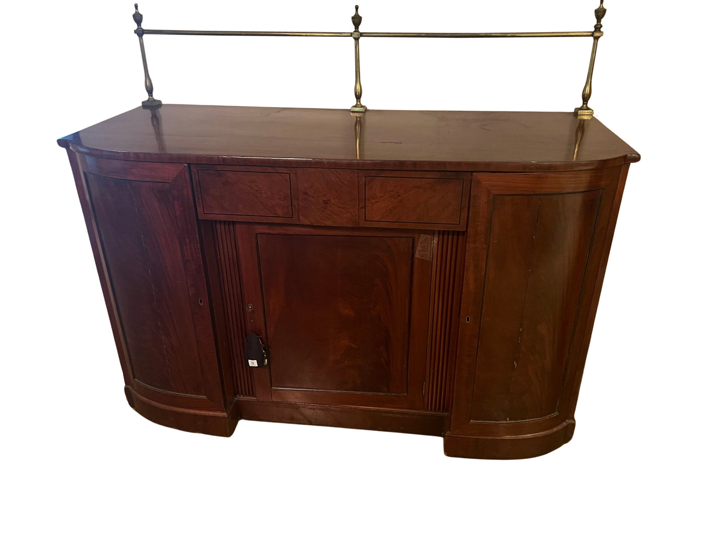 Vintage Mahogany Sideboard with high brass gallery rail and recessed center cabinet
