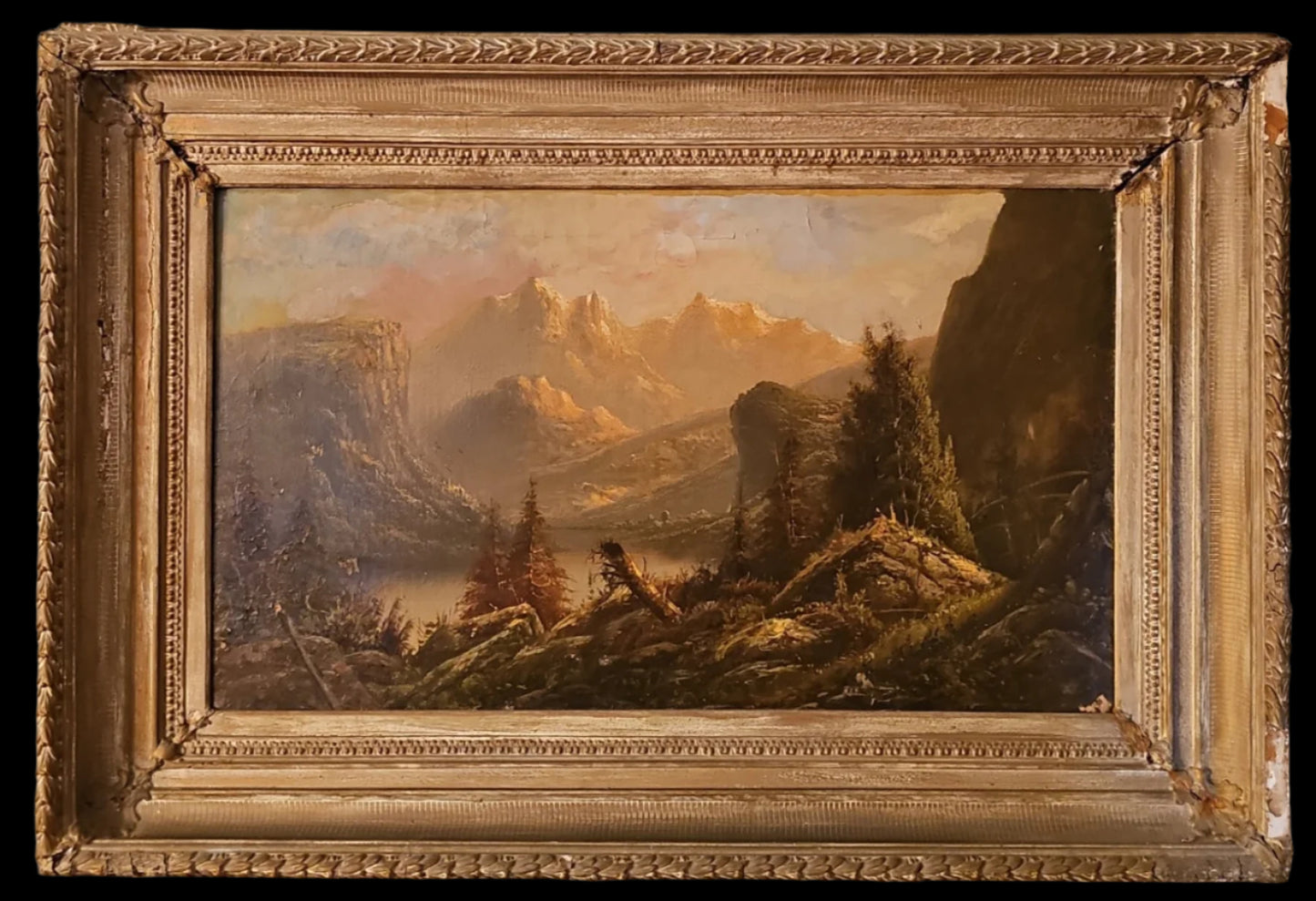 Very Large Antique Mountain Landscape Painting, Oil on Canvas, c. 1900, Antique Frame