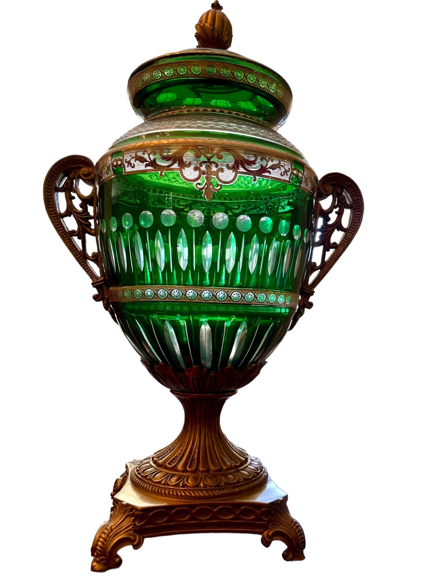 Antique Bohemian Cut Green Glass Covered Urn with Gilted Brass Handles and Stand