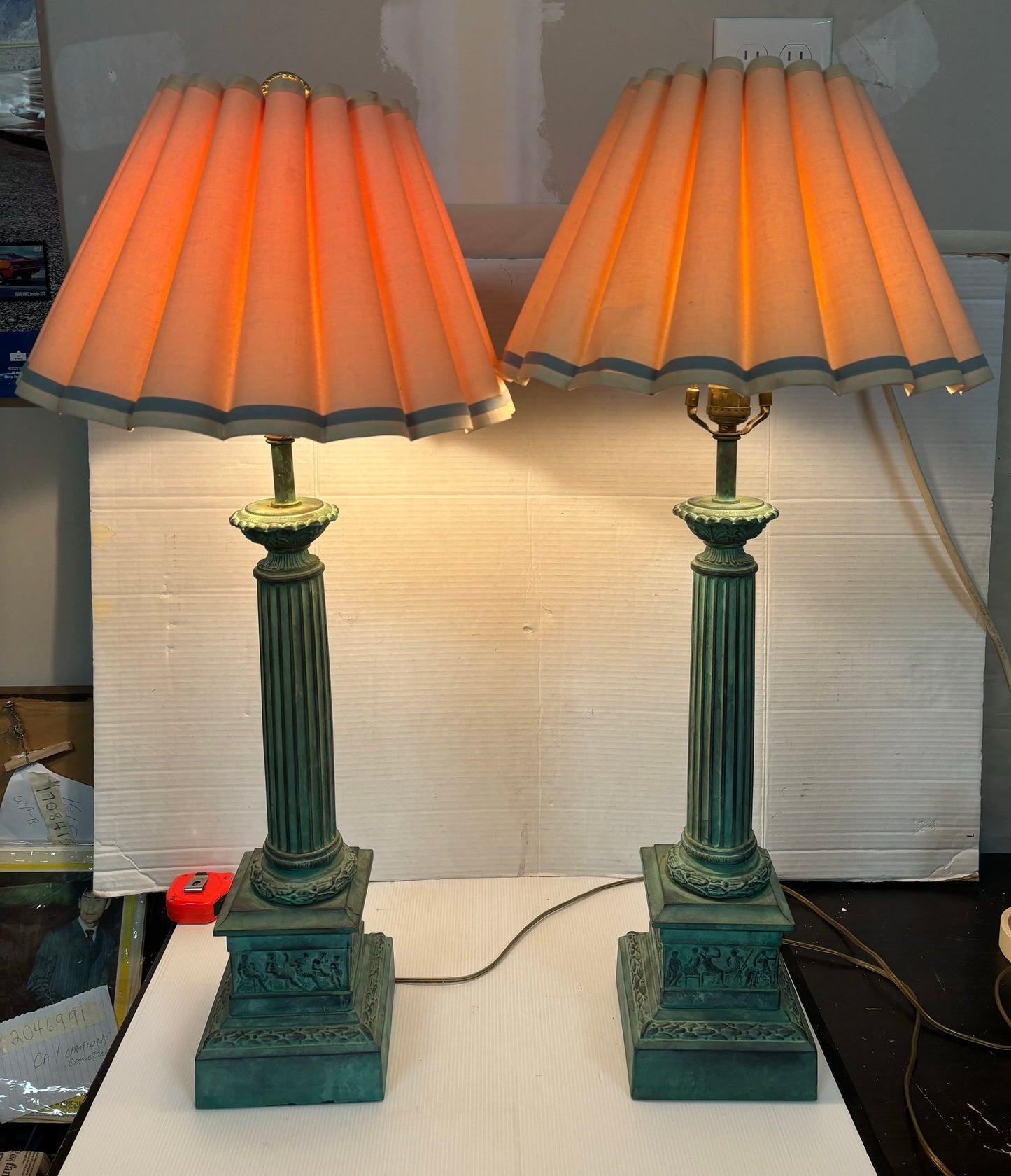 Vintage Pair Of Bronze Tall Table Lamps With Nice Shades
