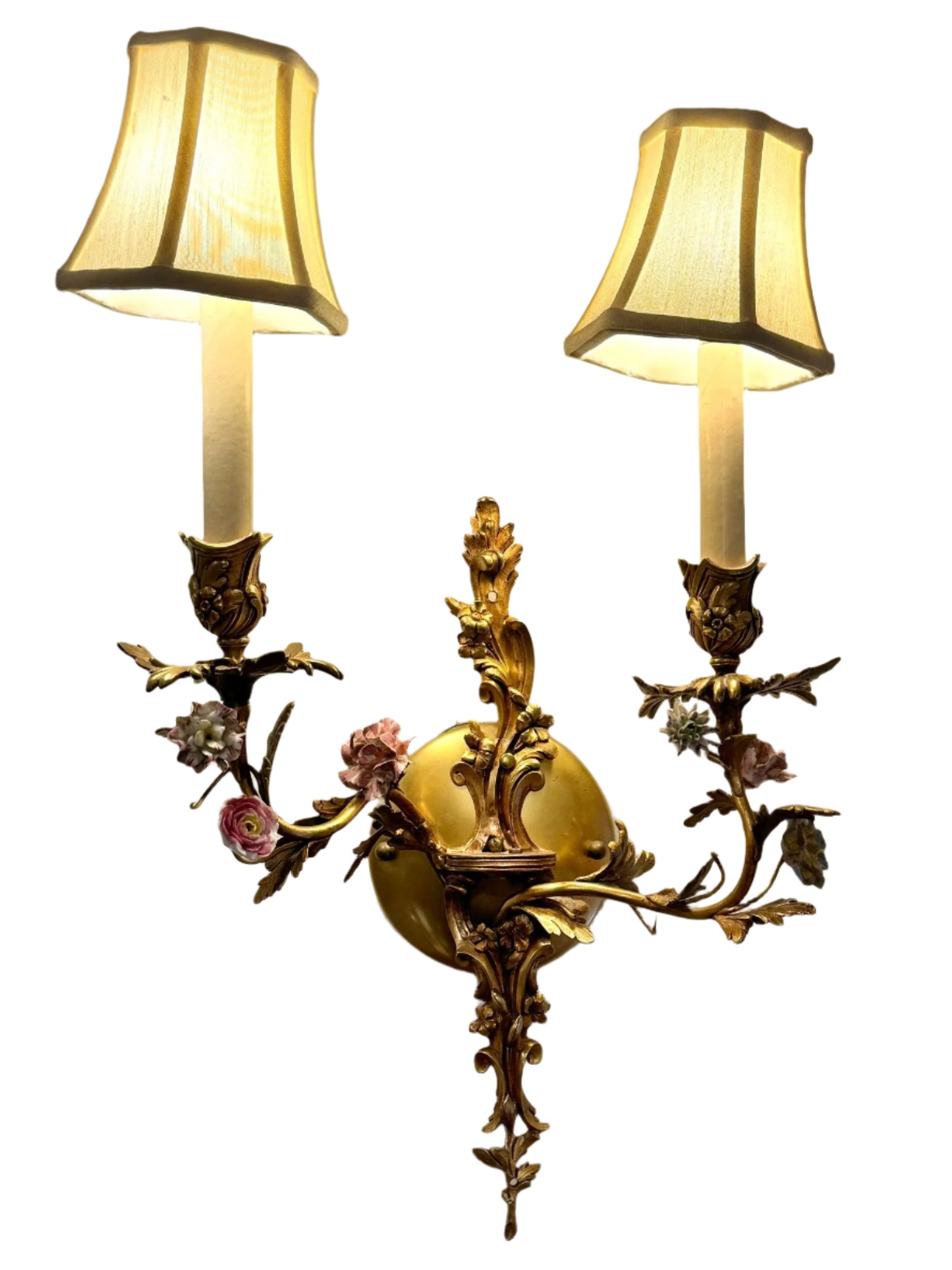 Spectacular French Style Two Light Brass And Porcelain Wall Sconce