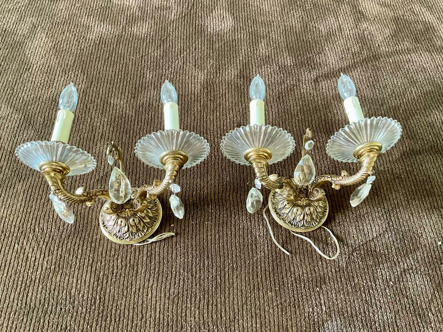 Beautiful Pair of Vintage Portuguese Brass and Crystal Wall Sconces