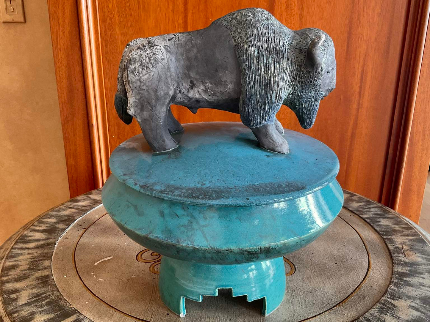 Ceramic Bison Bowl with Lid on Stand, Signed