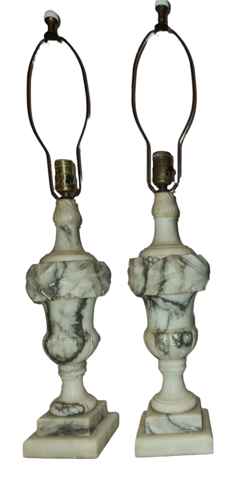 Pair of Antique Italian Neoclassical Carrara Alabaster Marble Lamp