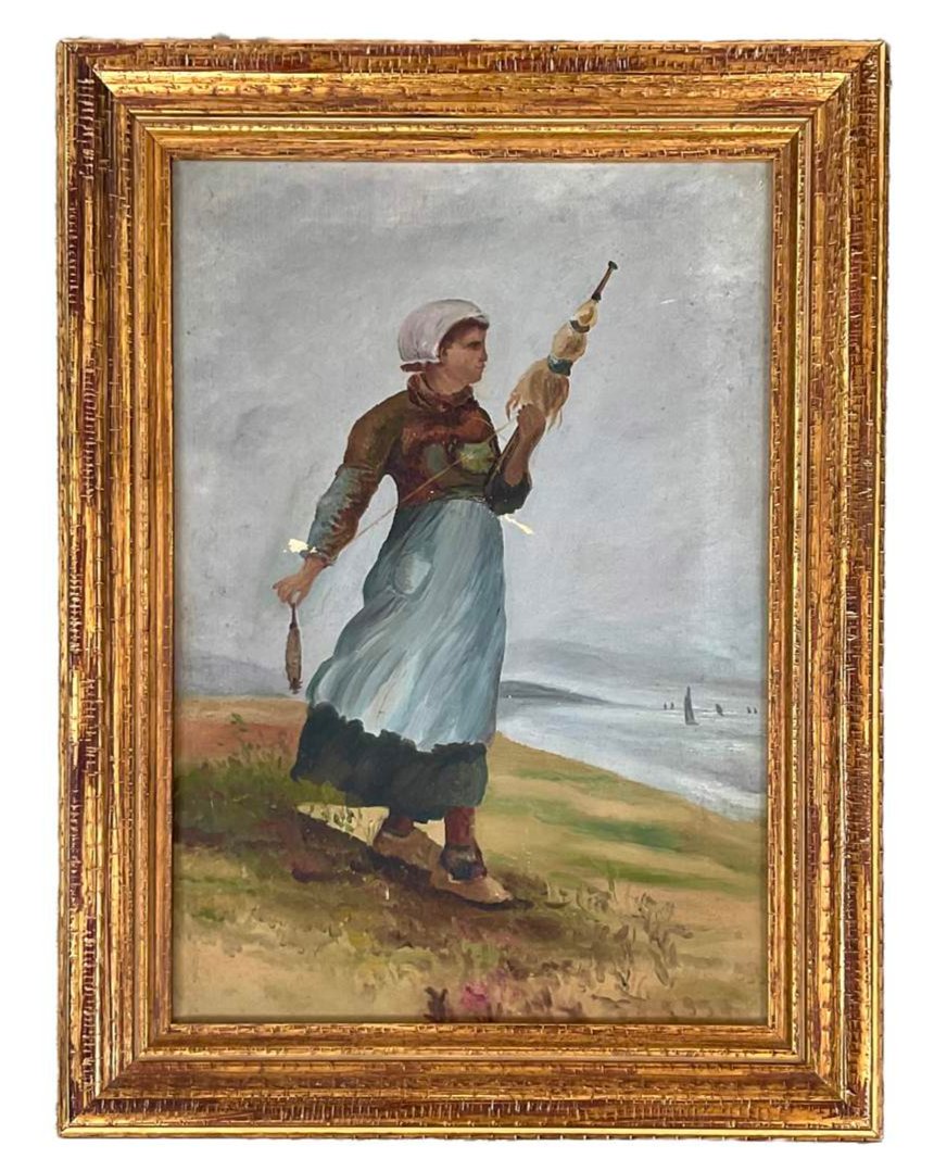 Antique and Rare Acadian Woman Spinning Yarn, Oil on Canvas, c. 1895