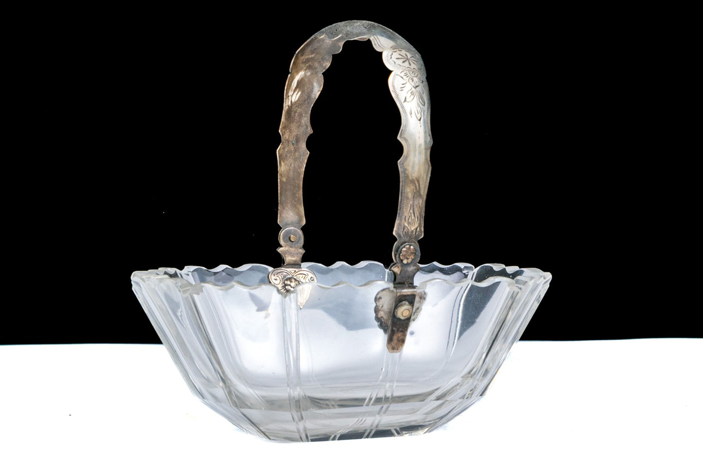 Beautiful Antique Crystal Serving Bowl with Sterling Silver Handle