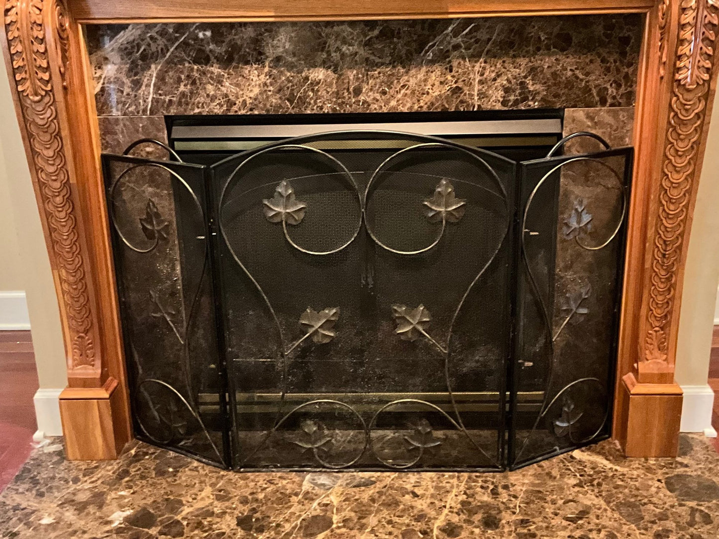 Beautiful Fireplace Screen, Black with Brass Flower Decorations 49"x33"