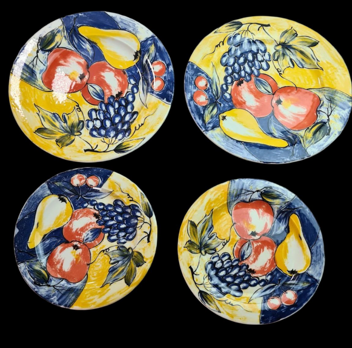 Vintage Handpainted and Glazed For Pier 1 in Italy Fruit Dinner-Salad Plates, Set of 4