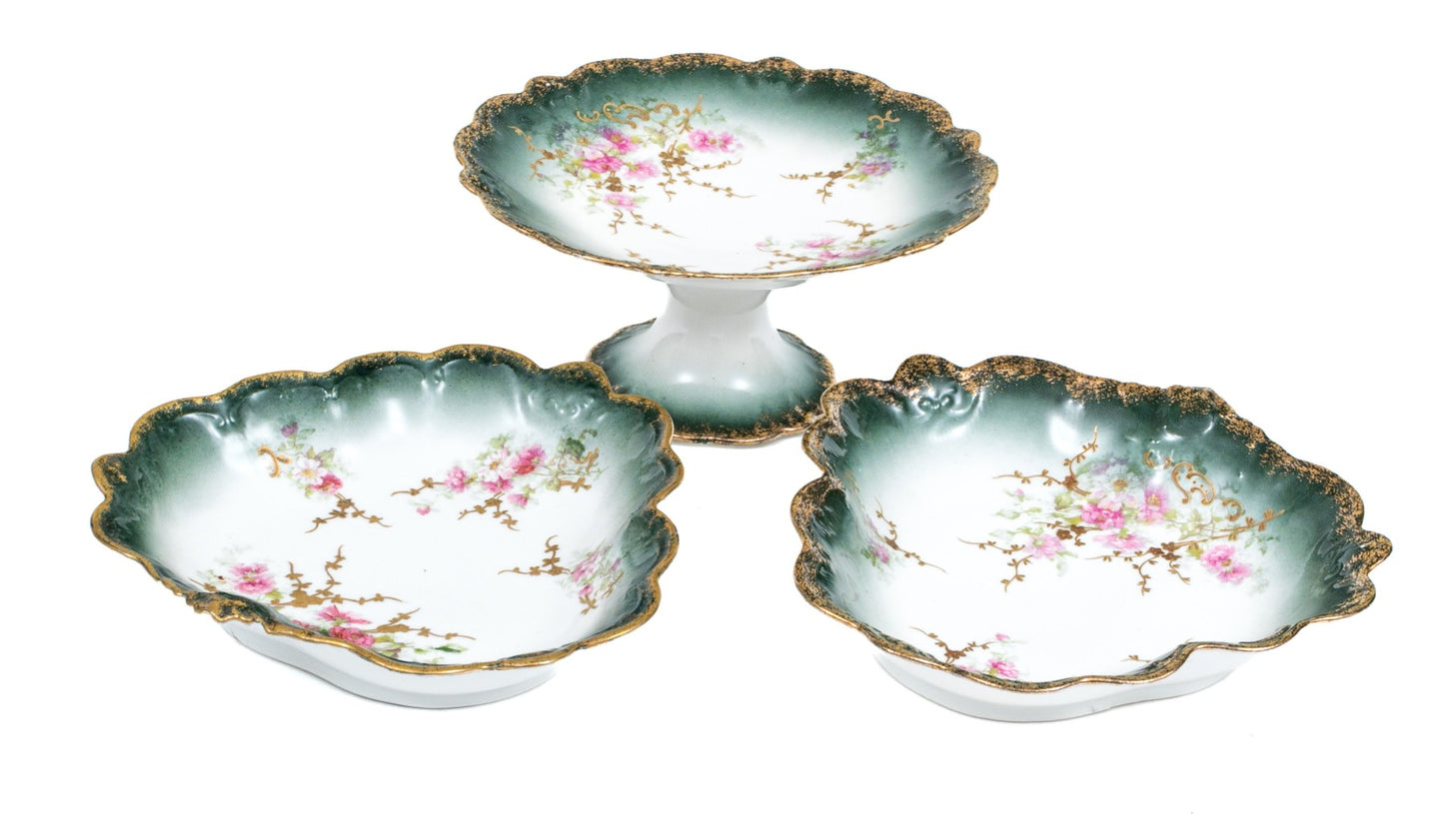THREE PIECE LIMOGES BOWLS WITH COMPOTE PLATE
