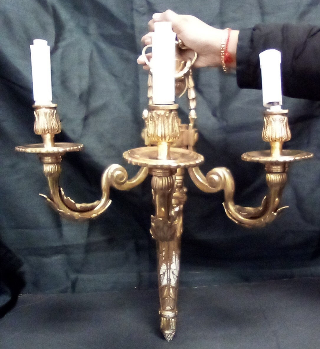 Magnificent Large Brass Ornate Wall Sconce With 3 Fixtures