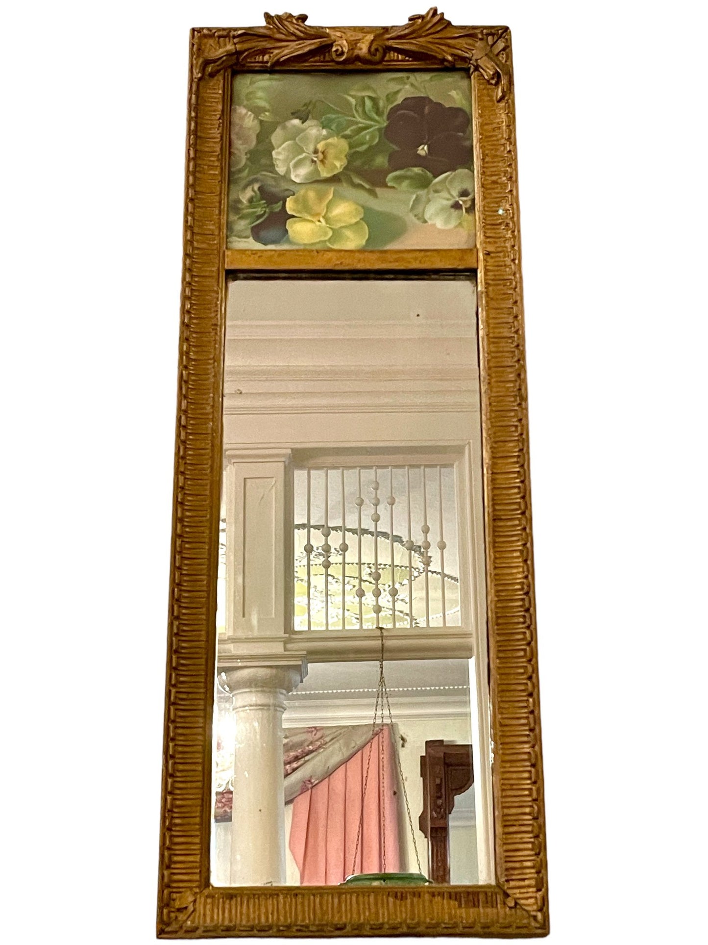 Antique Decorative Mirror With Hand Painted Top Panel.