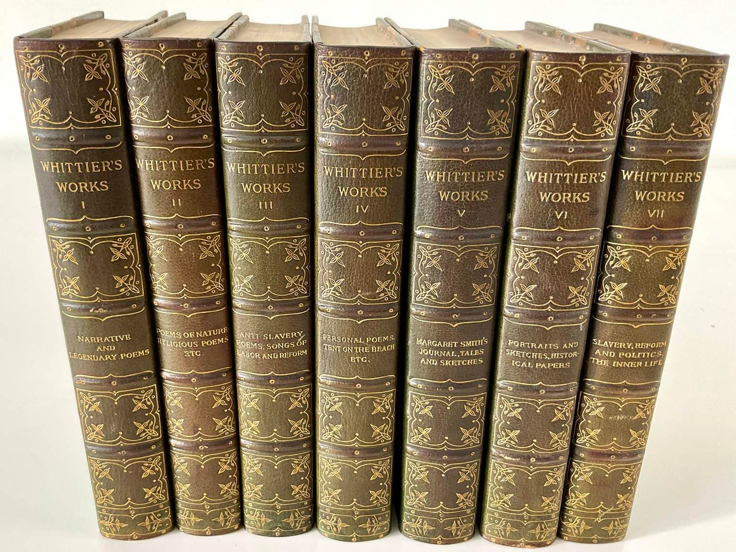 Antique John Greeleaf Whittier Complete Writings, 7 Volume Complete Set