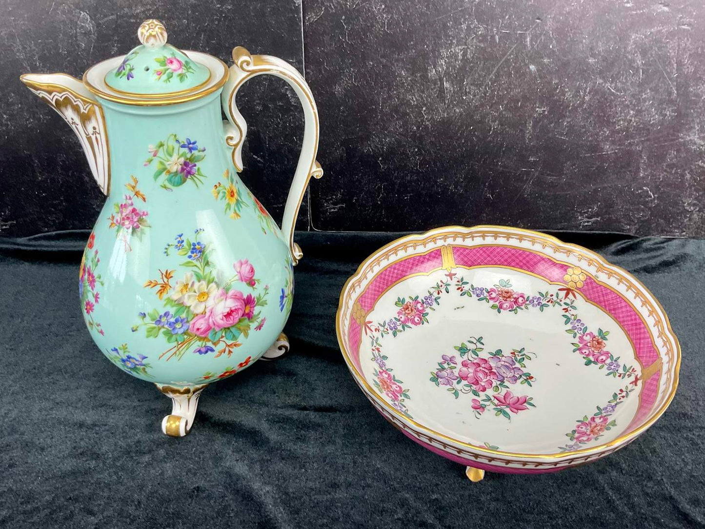 Antique Porcelain de Paris Pink Edme Samson et Cie Floral Footed Bowl & Turquoise Boyer Teapot