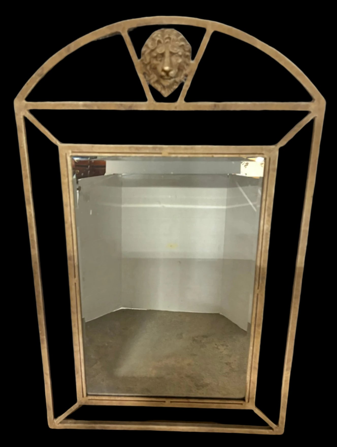 Vintage Arched Mirror With Lion Head Crest On Top, Cast Iron Frame