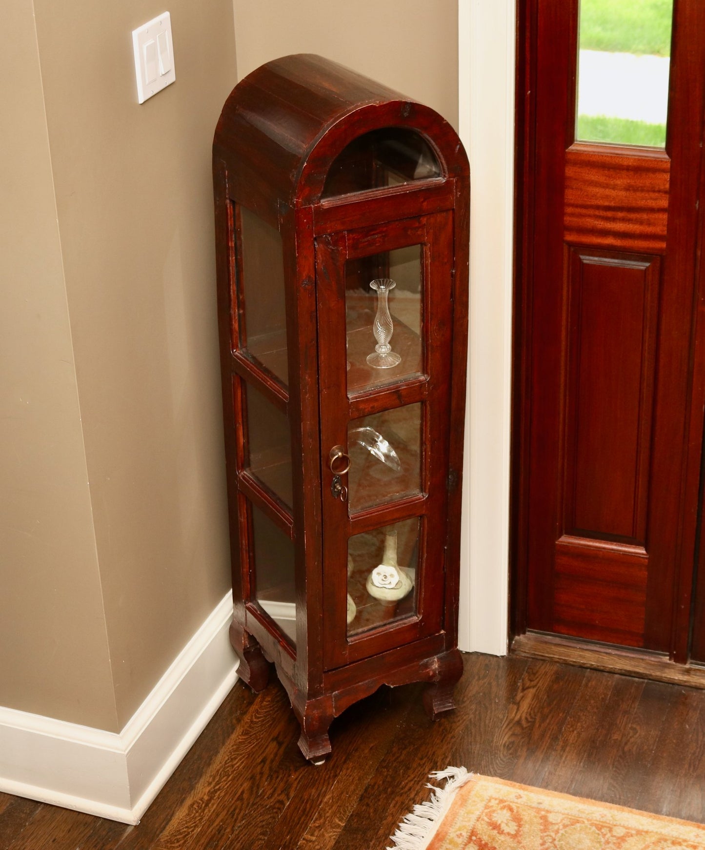 Small Arched Wood Curio Cabinet With Framed Glass And Wood Shelving