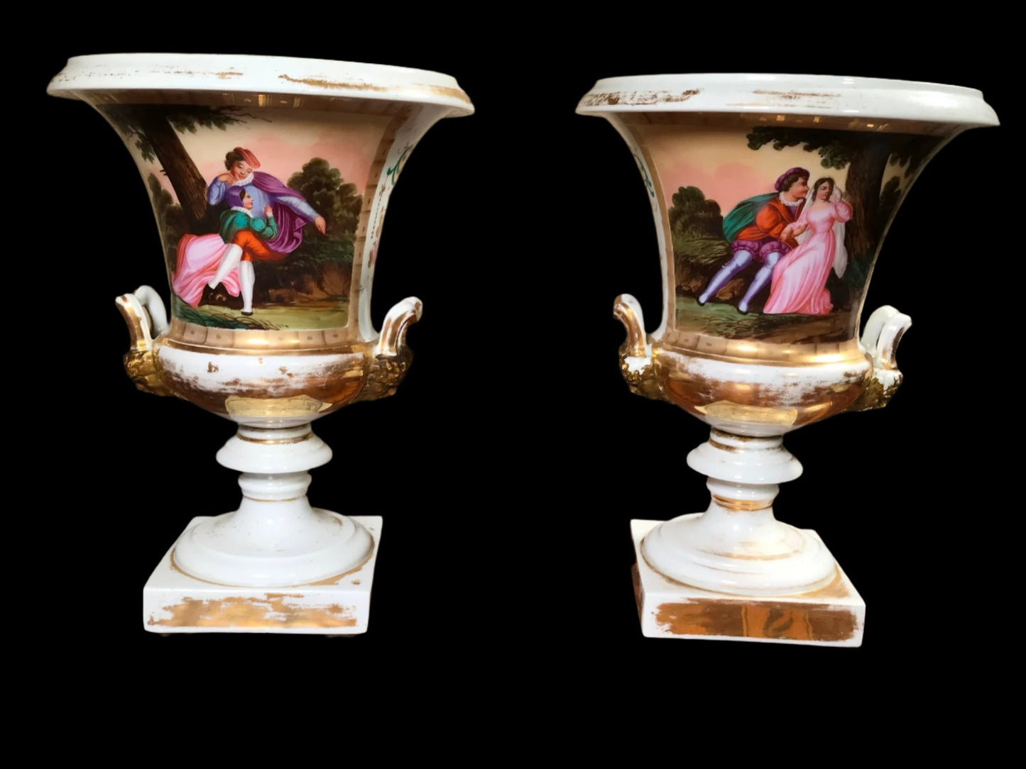 Lovely Pair of Antique Old Paris (Vieux Paris) Gilted Urns early 19th c.