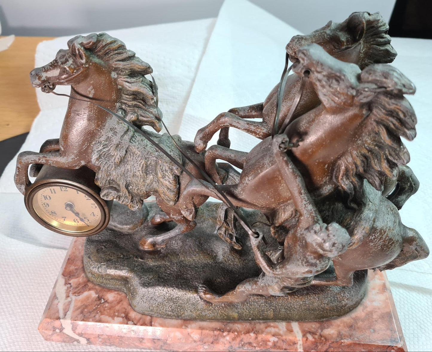 Rare Mantle Clock with Horses and Trainer, "Fabrication Francaise Paris France" Seal