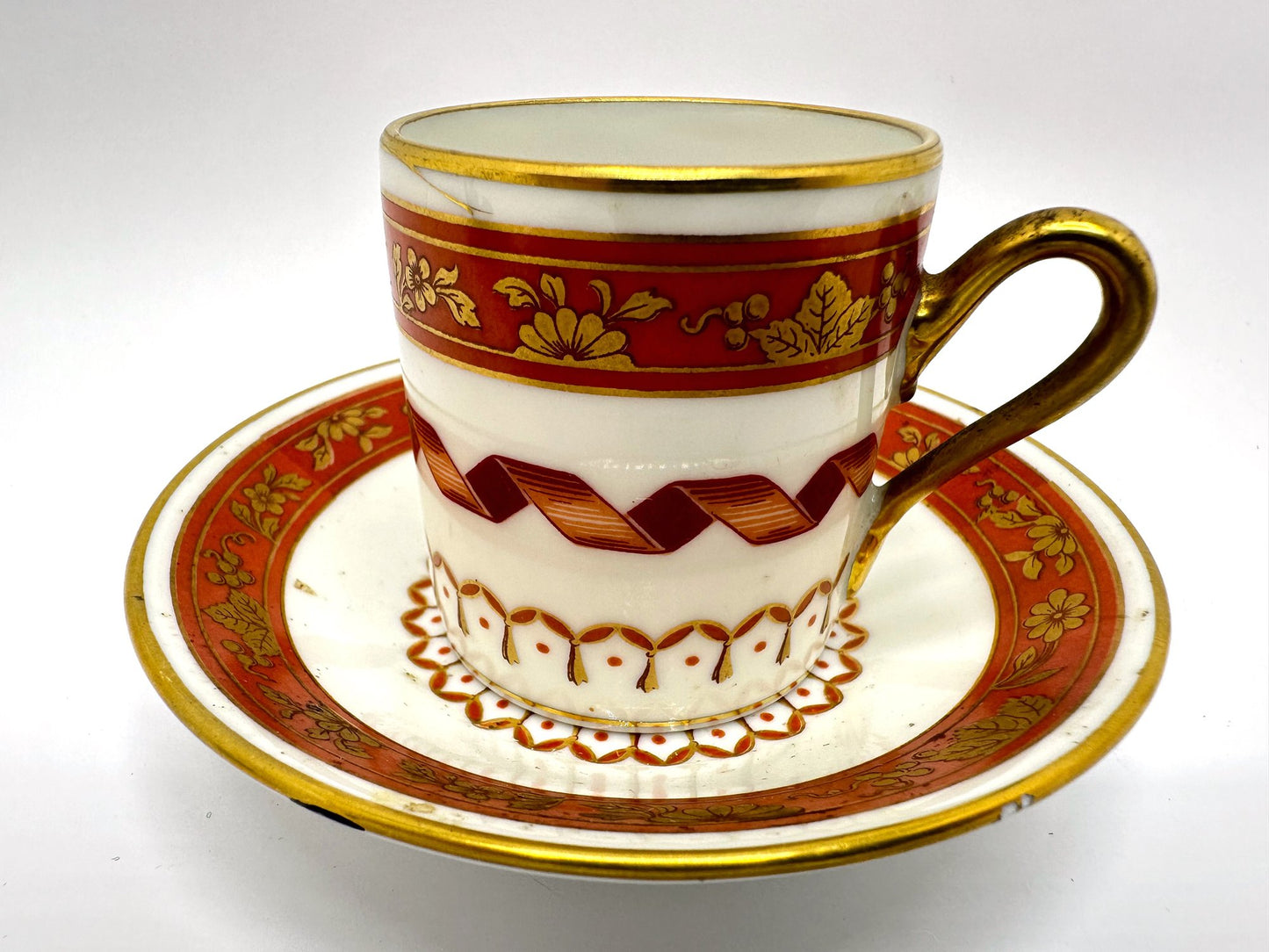 Antique Richard Ginori Italian Tea Cup & Saucer With Gold Accents On Wood Stand
