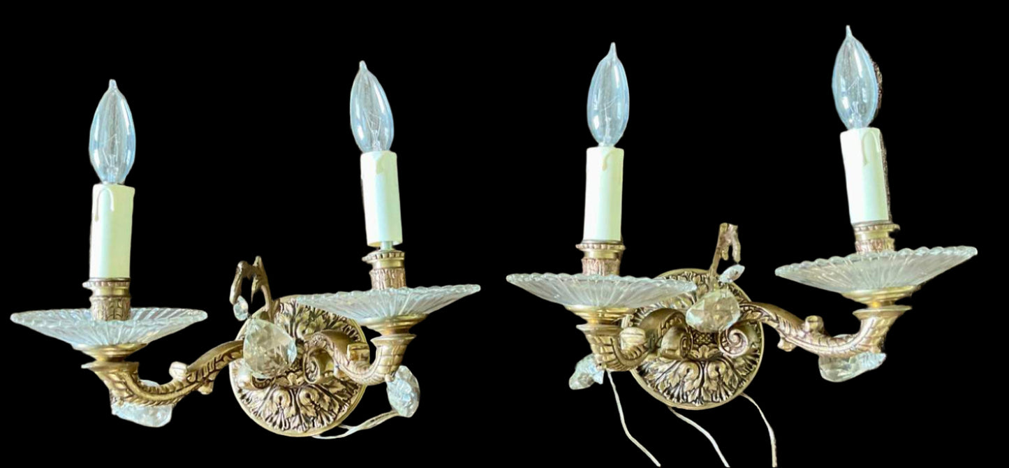 Beautiful Pair of Vintage Portuguese Brass and Crystal Wall Sconces