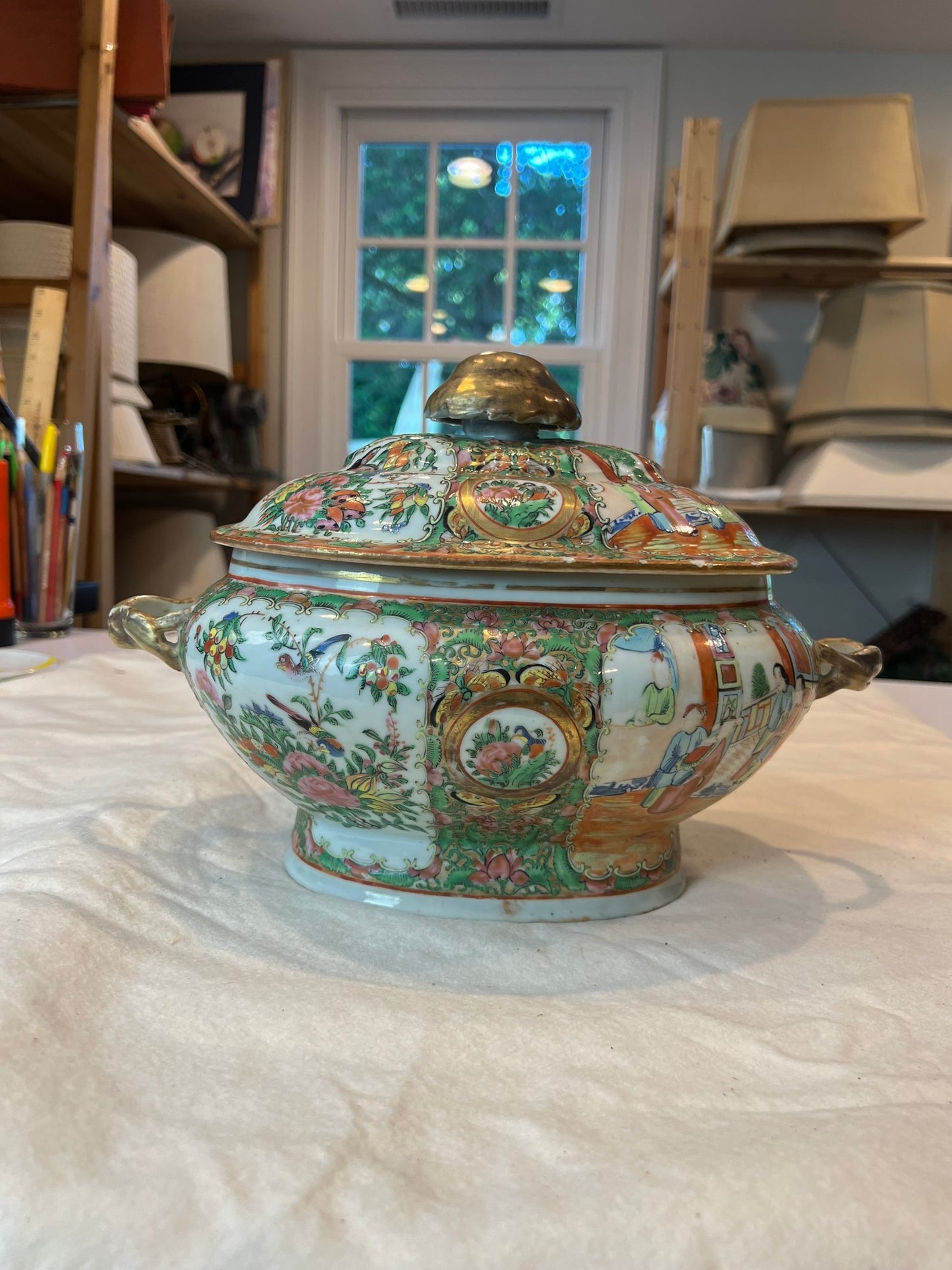 Antique Rare Rose Medallion Covered Tureen - Mushroom Top Finial & Woven Handles - Gilt Detailing