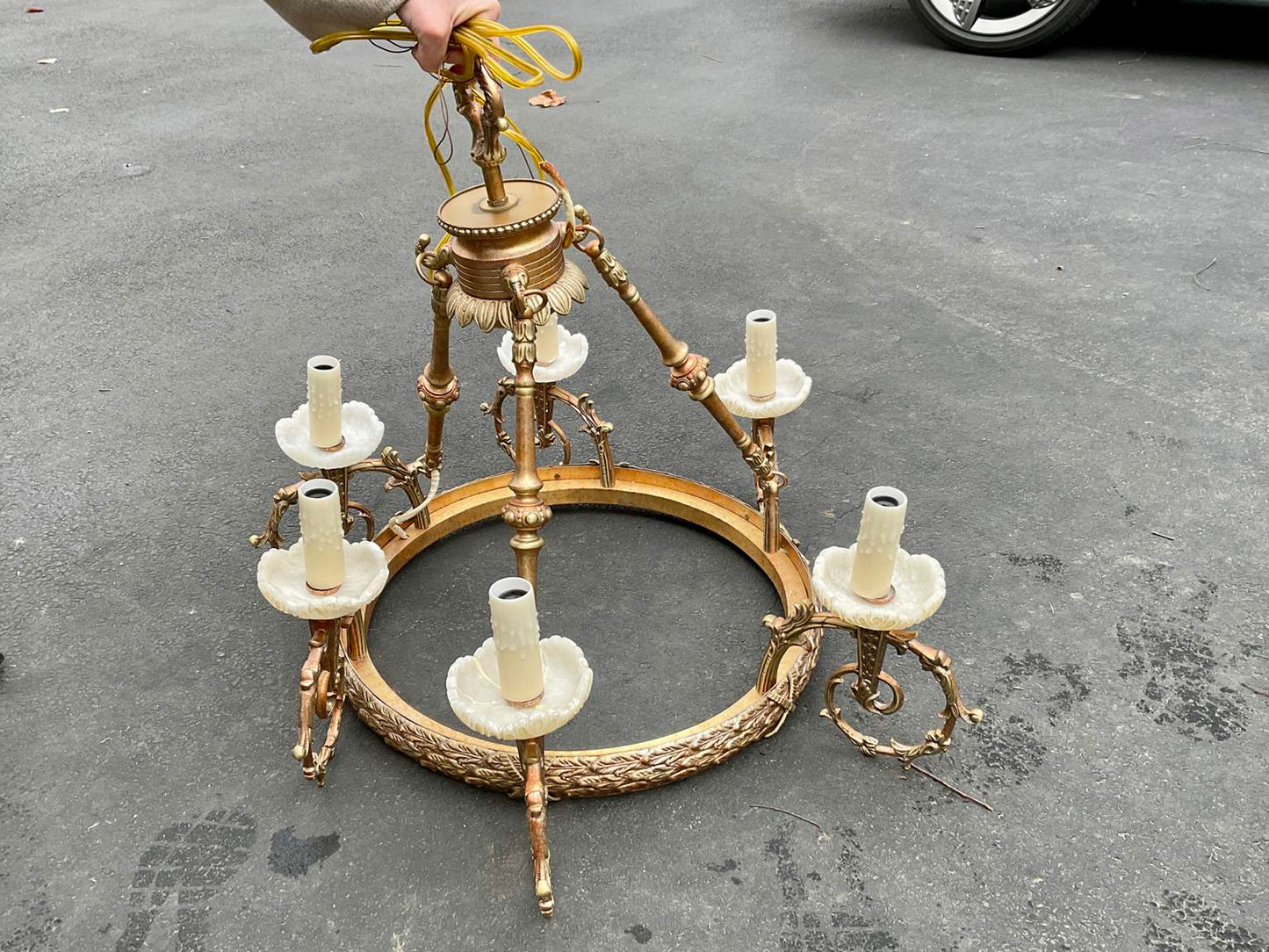 Spectacular Vintage 6 Arm Gilded Metal & Alabaster Chandelier
