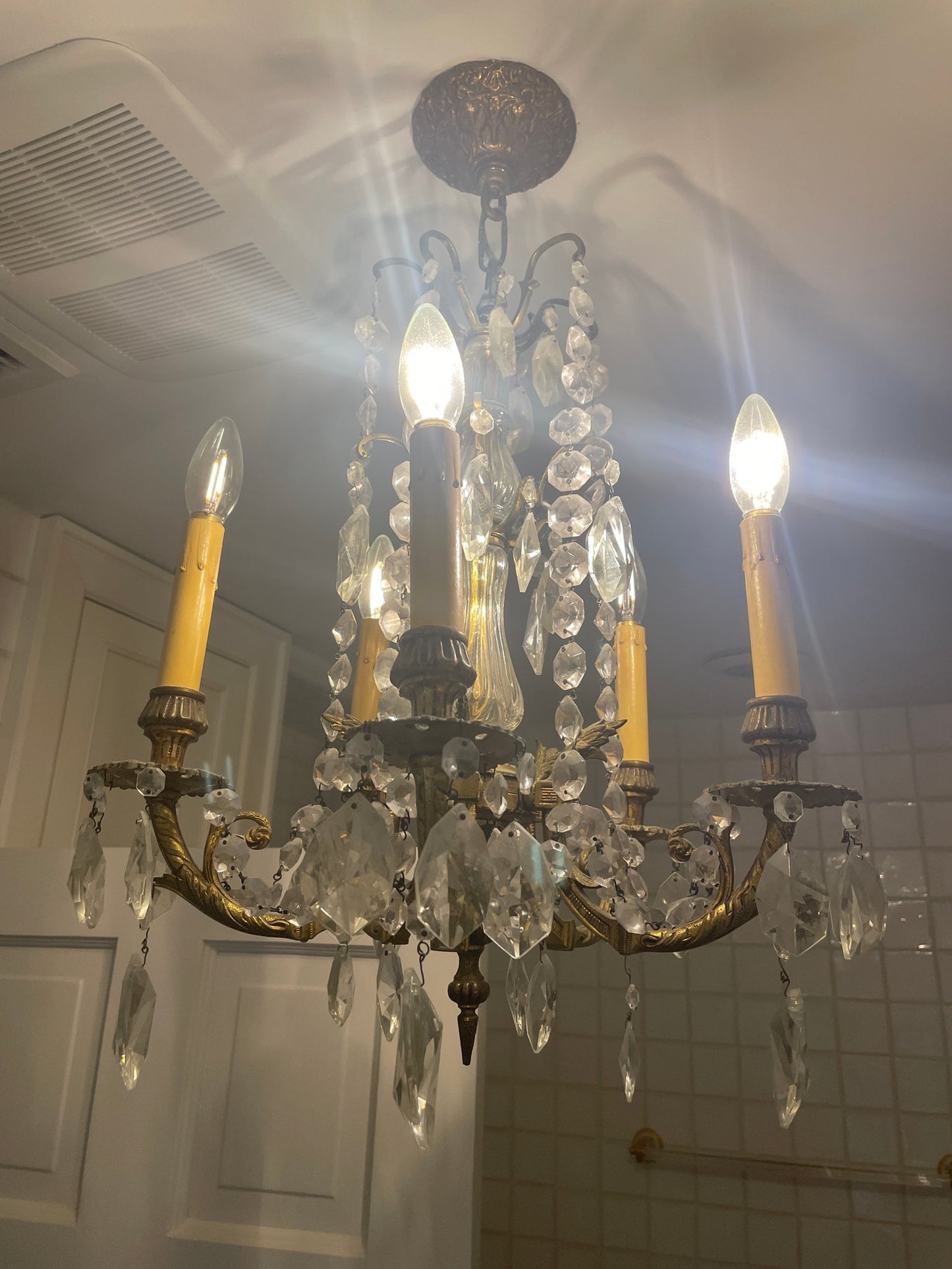 Antique Four Arms, Guilted Brass And Crystals French Style Chandelier