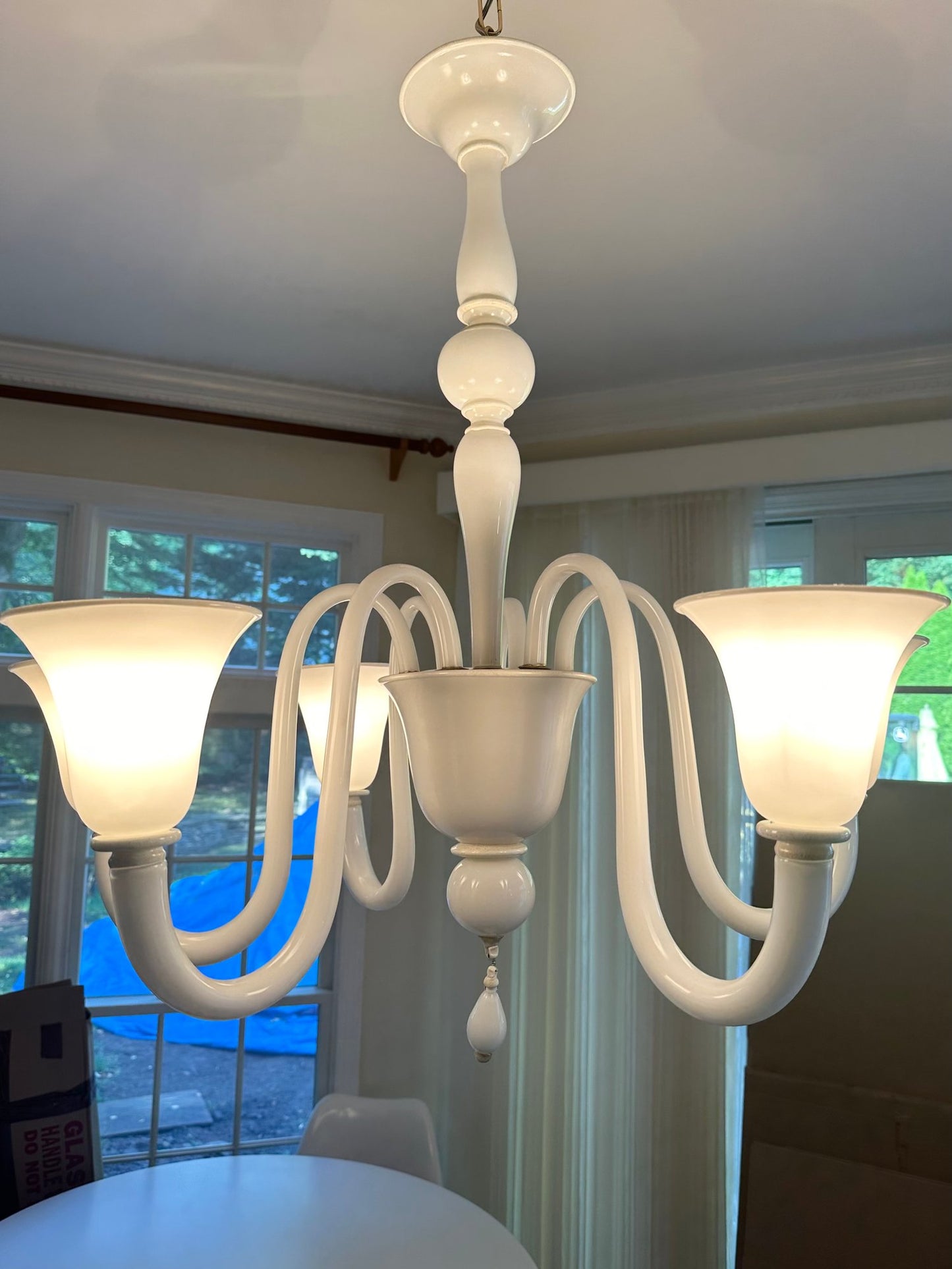 Hand Made Italian Murano White Glass Six Arm Chandelier