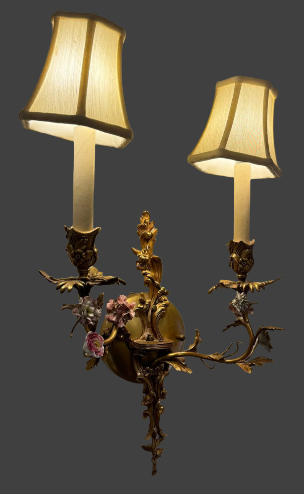 Spectacular French Style Two Light Brass And Porcelain Wall Sconce