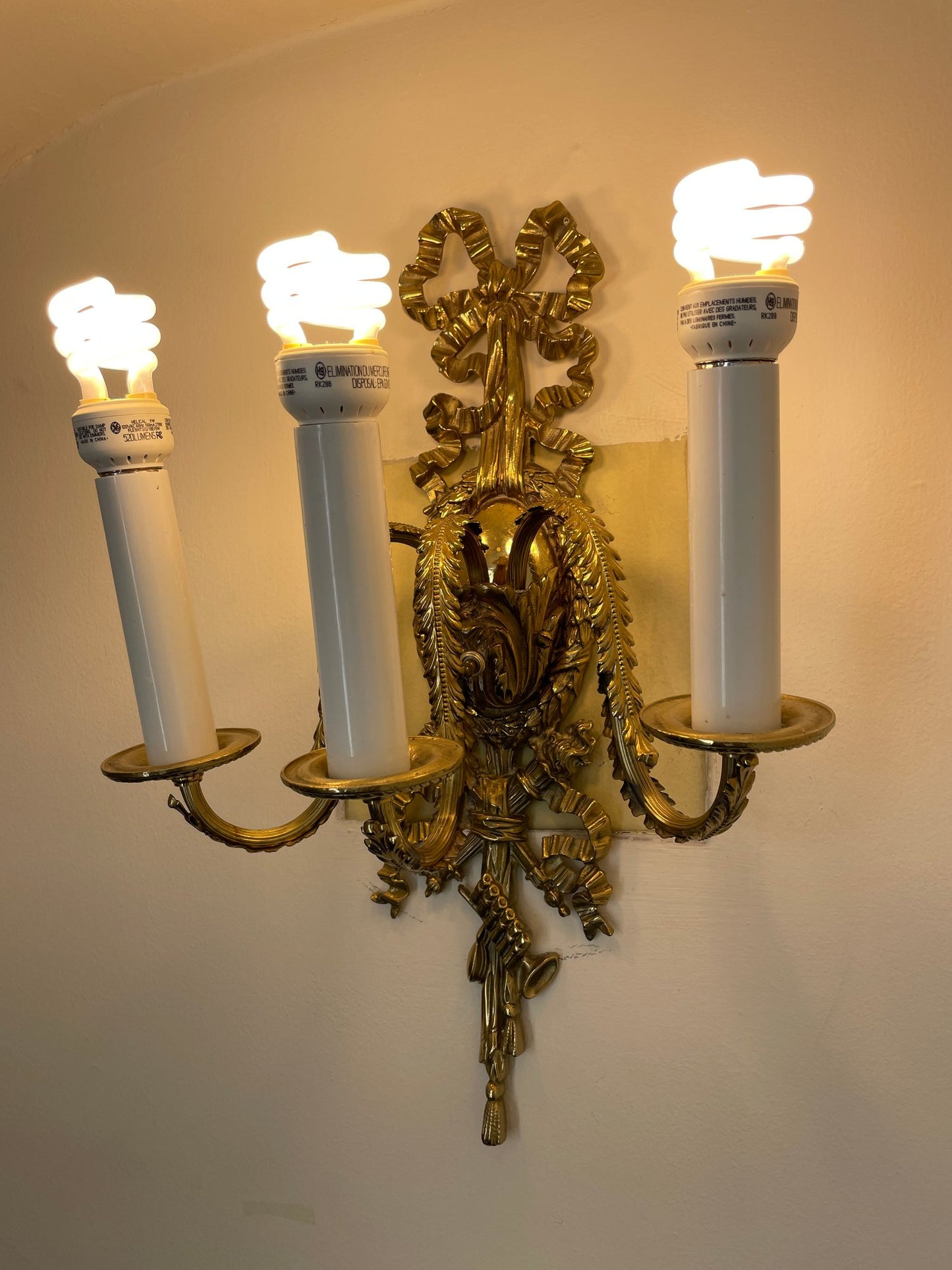French Style, Vintage Brass Three Lights Sconce