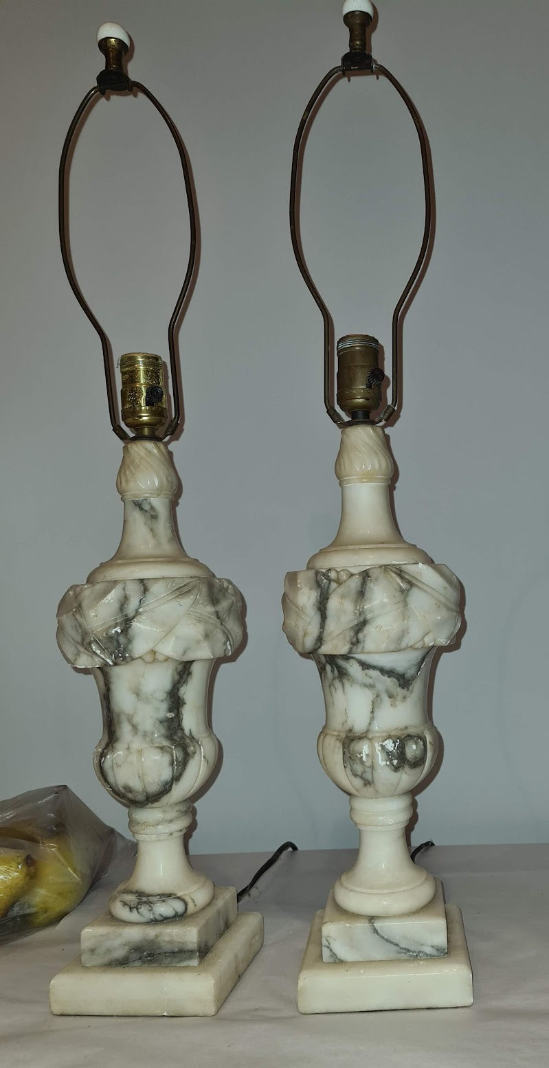 Pair of Antique Italian Neoclassical Carrara Alabaster Marble Lamp