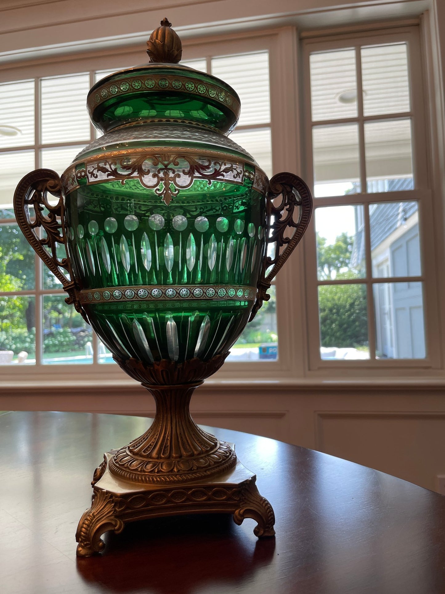 Antique Bohemian Cut Green Glass Covered Urn with Gilted Brass Handles and Stand