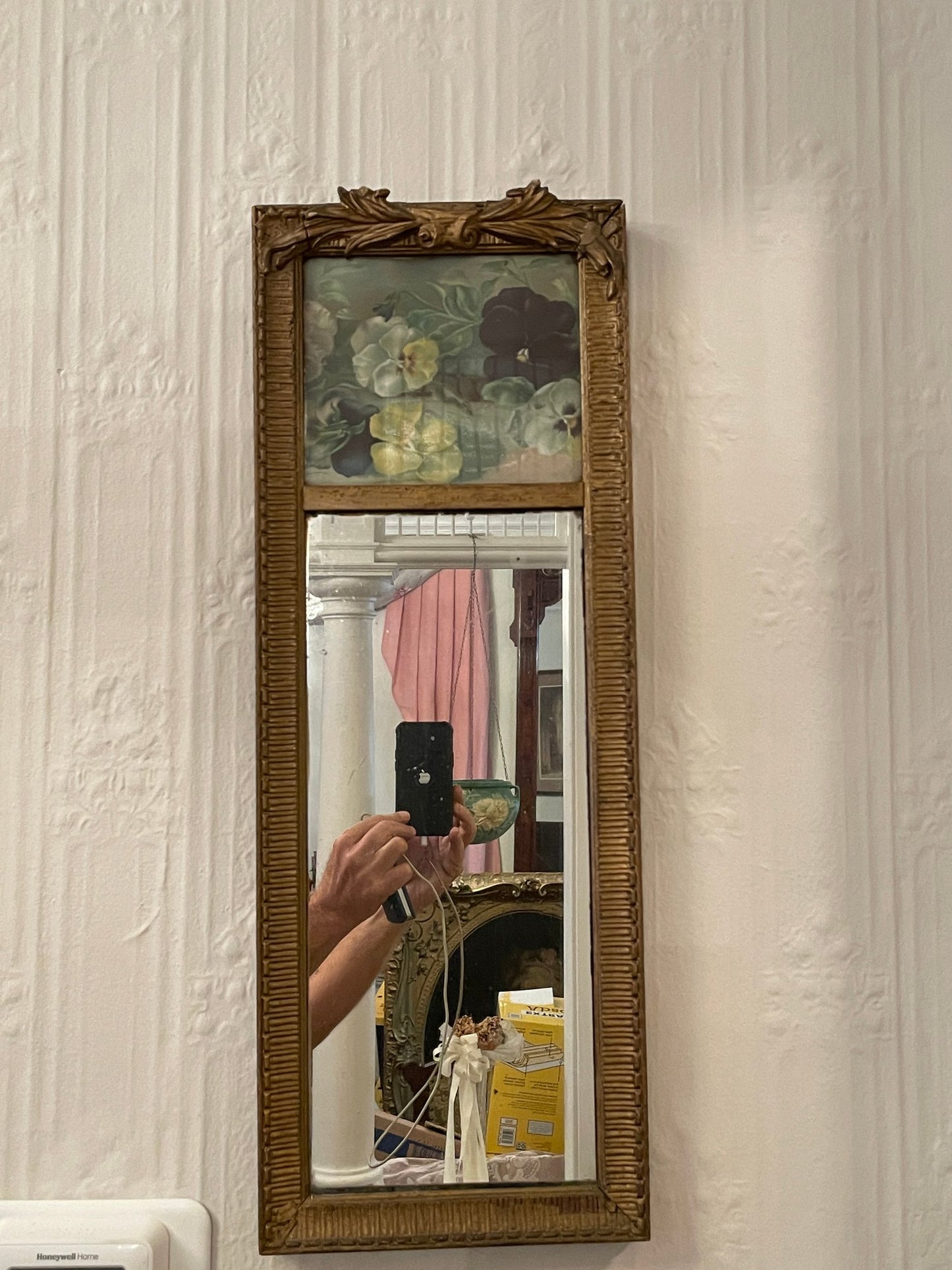 Antique Decorative Mirror With Hand Painted Top Panel.