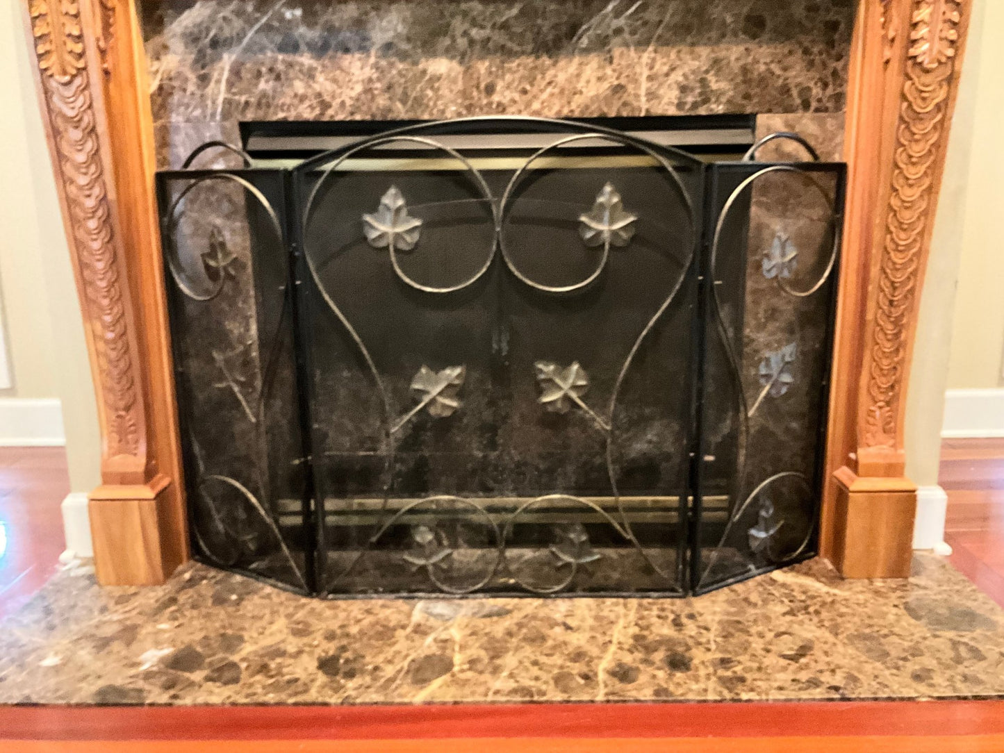 Beautiful Fireplace Screen, Black with Brass Flower Decorations 49"x33"