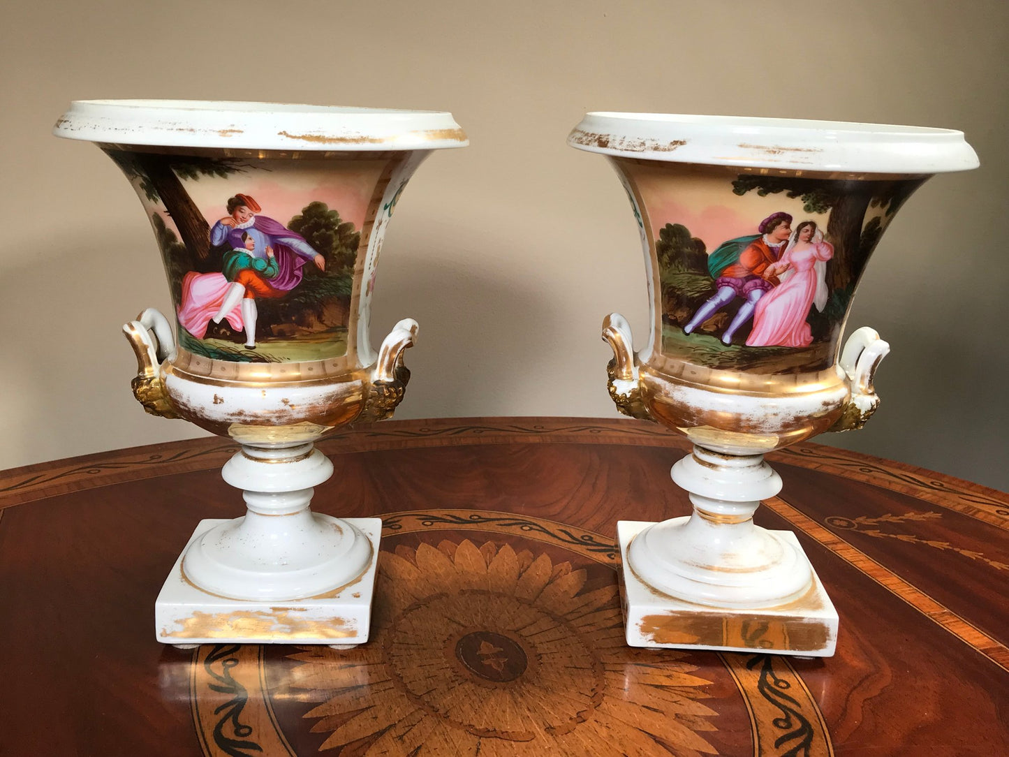 Lovely Pair of Antique Old Paris (Vieux Paris) Gilted Urns early 19th c.