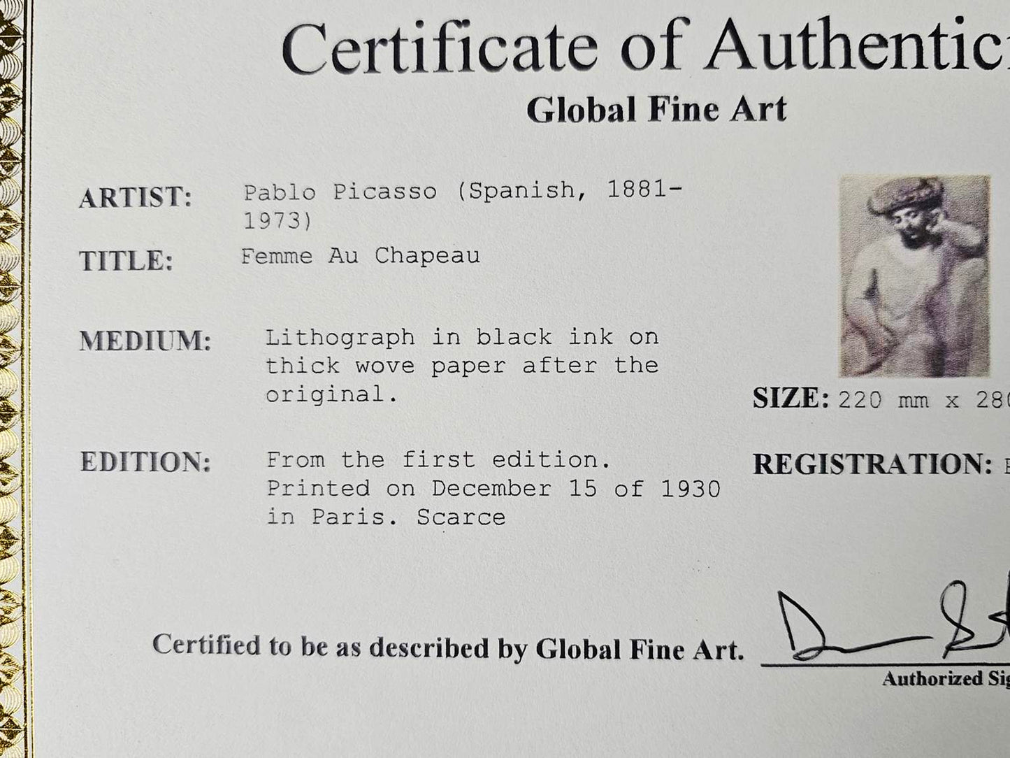 Original 1930 Pablo Picasso (1881-1973) "Femme Au Chapeau" Gallery Framed Lithograph W/COA