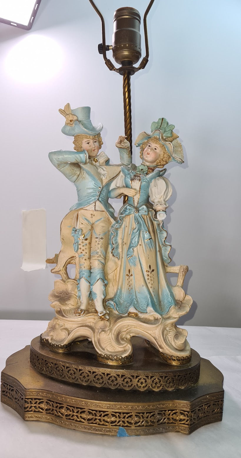 Antique Victorian Porcelain Couple Hand Painted Figural Table Lamp Brass Base