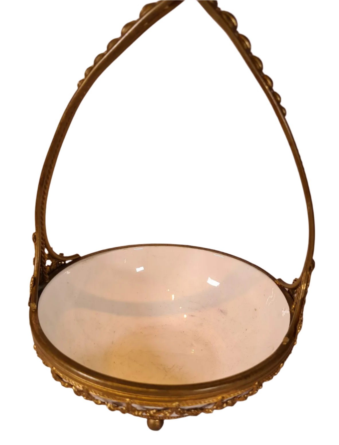 Antique Ornated Glass Basket with Brass Handle/Stand
